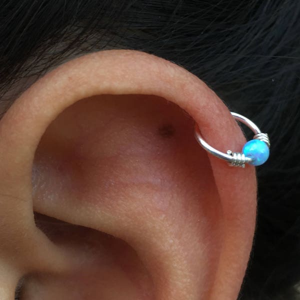 Helix Piercing,  Opal Earring Hoop,  Tragus Earring, Forward Helix, Cartilage hoop Earring, 925 Sterling Silver, white Opal, Blue Opal hoop