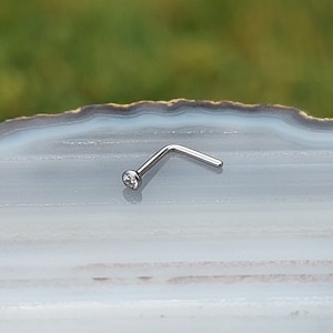 May include: A silver nose ring with a small clear gemstone.