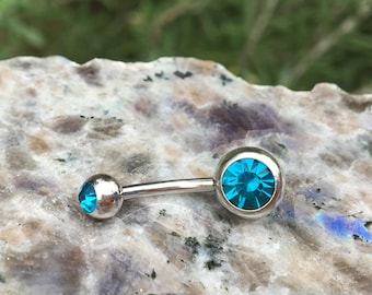 Belly Button Piercing, curved barbell, Banana with Ball and Bermuda Blue Crystal Stone, Body Jewelry, Navel Ring