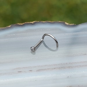 May include: A silver nose ring with a small clear gemstone.