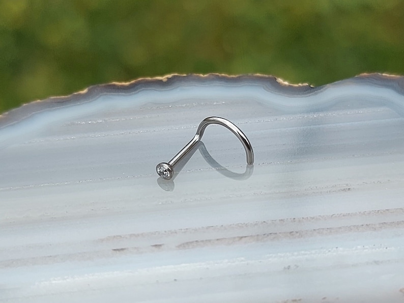 May include: A silver nose ring with a small clear gemstone.