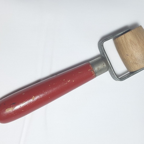 Vintage wooden dough roller with red handle / wall paper roller/ antique dough roller/ antique wooden roller/ small wooden roller