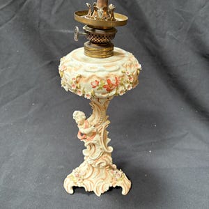 Antique Victor Oil Lamp, P&A MFG porcelain cherub applied flowers Oil Lamp footed oil lamp, white whale oil lamp, lantern kerosene lamp 13&quot;