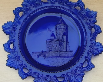 Rare Westmoreland Cobalt blue glass plate, vintage cobalt blue glass, decorative glass plate, castle plate, wall decorative plate