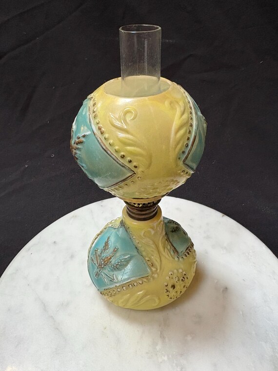 Antique Miniature Oil Lamp - Milk Glass Eagle Blue/yellow - Globe