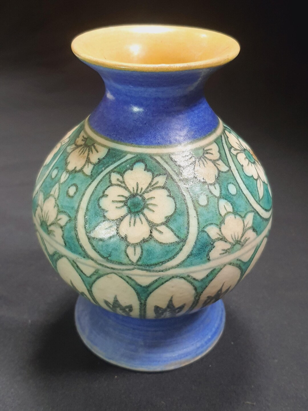 Vintage Pottery Blue & Green Vase Ceramic Vase Hand Painted Floral 6.5 ...