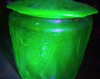 Green Vaseline Uranium Glass, Cameo Ballerina Dancing Girl Cookie Jar & Lid 1930s Vintage depression glass Vintage Uranium 7.25" x 5.75"