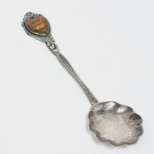 May include: A silver souvenir spoon with a decorative handle and a floral-shaped bowl. The spoon features a colorful enamel crest that reads "Auckland". The spoon is likely made of silver or a silver-plated metal.