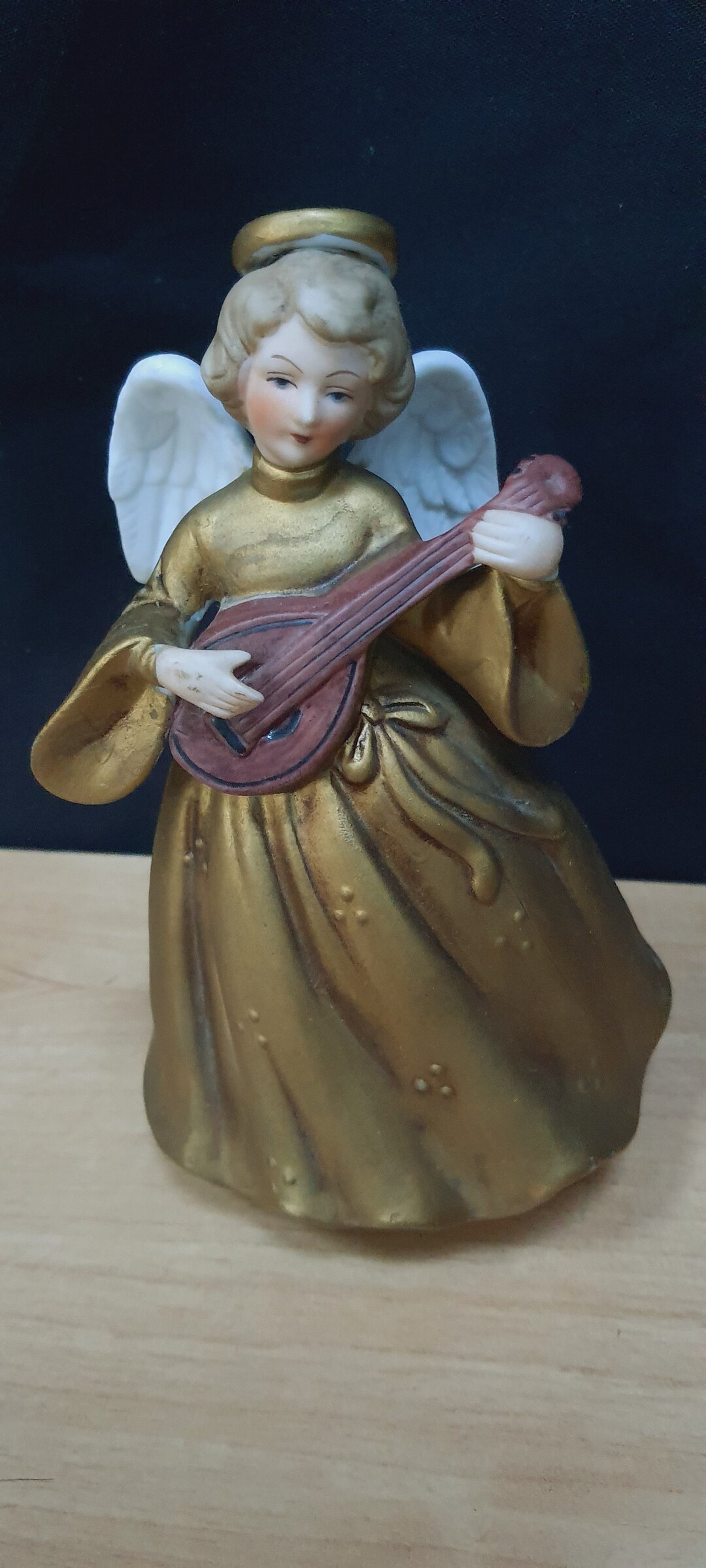Vintage Berman & Anderson Angel Music Box , Holding Mandolin Instrument, Gold White Wings, Woman