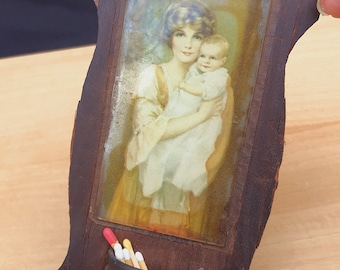 Antique Wood Wall Match Holder, Art Deco Woman Baby Matches Holder, Vintage Matchstick Holder, Match Safe, Collectable, home decor
