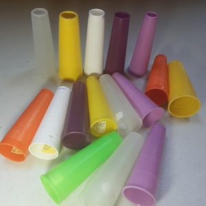 16 Vintage thread spools, plastic cones, empty yarn cones, art crafts supplies 4.25" - 4.5" Lot#6 green, purple, yellow