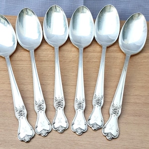 6 Old Community Plate Serving Spoons,"Rose Service" Monogram K, Flatware Set of 6, Silverplate Flatware, Oneida Community, Vintage Community