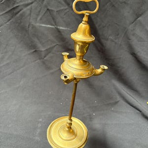 Antique Oil Lamp Solid brass Lucerne whale oil lamp, 3 wicks oil lamp, three spouts table oil lamp 19th century 15.25&quot; x 5&quot;