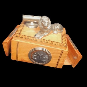 Antique music box cigarette holder/dispenser, calendar lion ashtray desk accessory, Lador tobacciana storage box 8.5&quot; X5&quot;x7&quot;