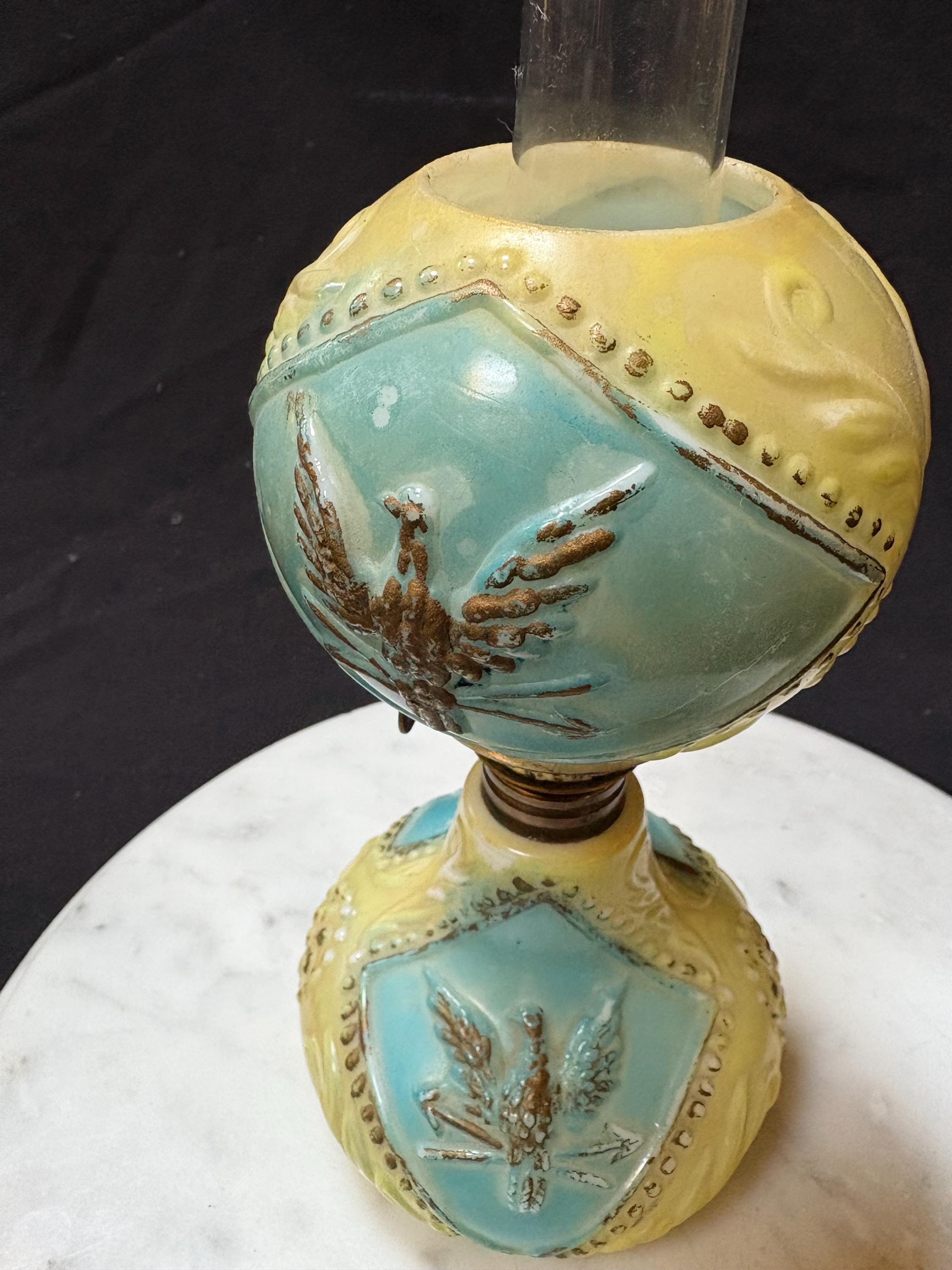 Antique Miniature Oil Lamp - Milk Glass Eagle Blue/yellow - Globe