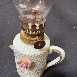 Hobnail Oil Lamp, Lipper Mann miniature oil lamp ceramic roses cup brass burner, Clear glass chimney, vintage kerosene oil lamp, 8&quot; x 2.25&quot;