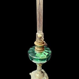 Antique French Silver plated green glass oil lamp, kerosene lamp, pedestal green glass lantern collectable glass 19&quot; x 5&quot; chimney burner