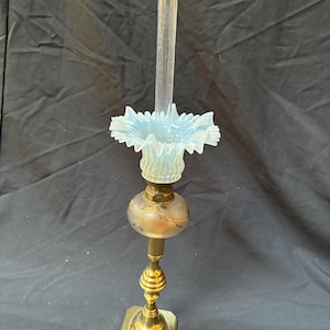 Antique Kosmos Brenner Kerosene lamp, peg lamp, burner, white ruffled glass shade oil lamp, ornate brass oil lamp 1900s  23&quot;x 6&quot;