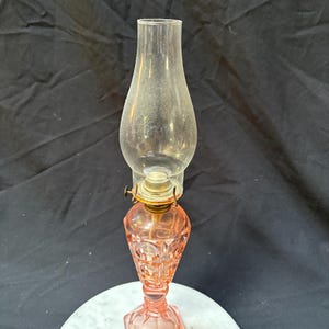 Antique Pink peach Oil Lamp, pink depression glass lamp, P&A MFG Co thumb print kerosene oil lamp, wick brass burner Westmoreland 17.5&quot;