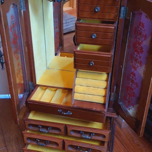 Wood Jewelry Storage Cabinet, Small Cabinet, Jewelry Display Cabinet, Drawer Necklace Rings display box 23.5" x 12.5"