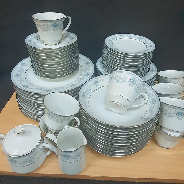 Vintage Noritake Blue Hill dinner plates, salad plates, soup bowls, sugar bowl, creamer, serving bowl, tea cup & saucer, bread butter plate
