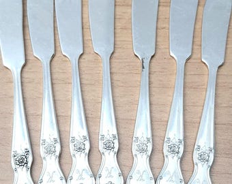 7 Old Community Plate Butter Knives, "Rose Service" Monogram K, Flatware Set of 7, Silverplate Flatware, Oneida Community, Vintage Community