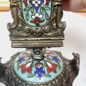 Antique Victorian Bronze Matchbox Stand with Enameled inlay panels, Matchbox holder, Matchstick Holder, Match Safe, hand painted 6&quot; x 4.25&quot;