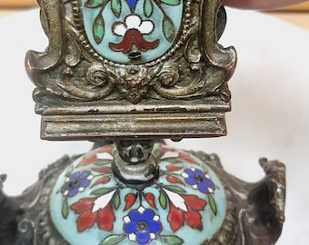 Antique Victorian Bronze Matchbox Stand with Enameled inlay panels, Matchbox holder, Matchstick Holder, Match Safe, hand painted 6" x 4.25"
