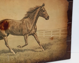 Vintage Retro Art Print of Horse on Canvas Plaque on Solid Wood