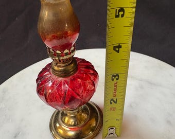 Ruby red miniature oil lamp vintage red hurricane lantern,kerosene oil lamp, gold color burner, pedestal lamp,  Hong Kong 5.5&quot;x 2.25&quot;