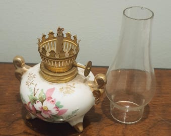 Vintage Miniature Oil Lamp Pink Flower Footed Mini Ceramic Porcelain Oil Kerosene Lamp, 7"x 3.5" gold burner "Foreign"