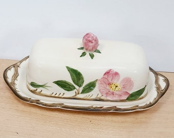 Franciscan Desert Rose Butter Dish With Lid, Porcelain Butter Tray, pink flowers, kitchenware, Excellent condition 7.5"