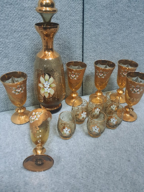 Italian Venetian Amber Gold Murano Decanter & Liqueur Glasses Set