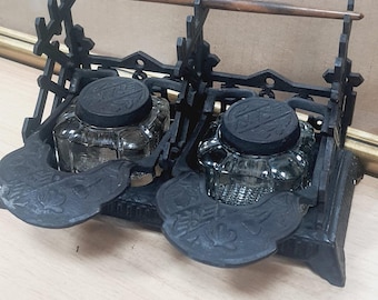 Antique Victorian cast iron double glass inkwell with double lever three fountain pen rests, vintage ornate inkwell stand 8.25&quot;x 6&quot;x 4.75&quot;