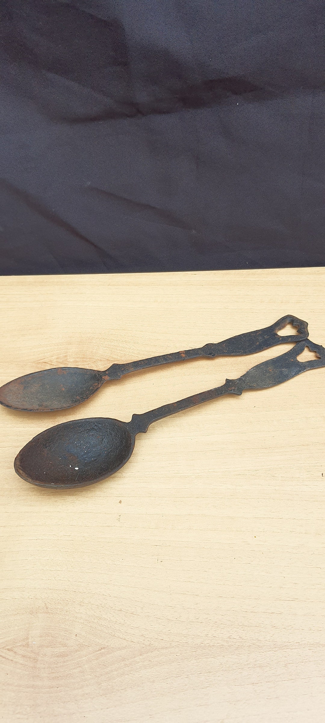 2 Antique Large Cast Iron Spoons, 10.5