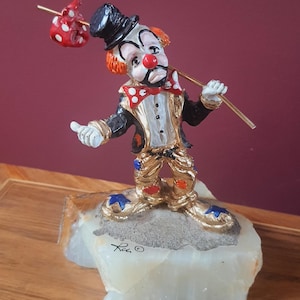 Vintage Ron Lee Clown Metal Sculpture Figurine Onyx Base "Hobo Joe Hitchhiking 1980s Retired Classic 6.75"X 4" Hand Painted 24k Gold Accents