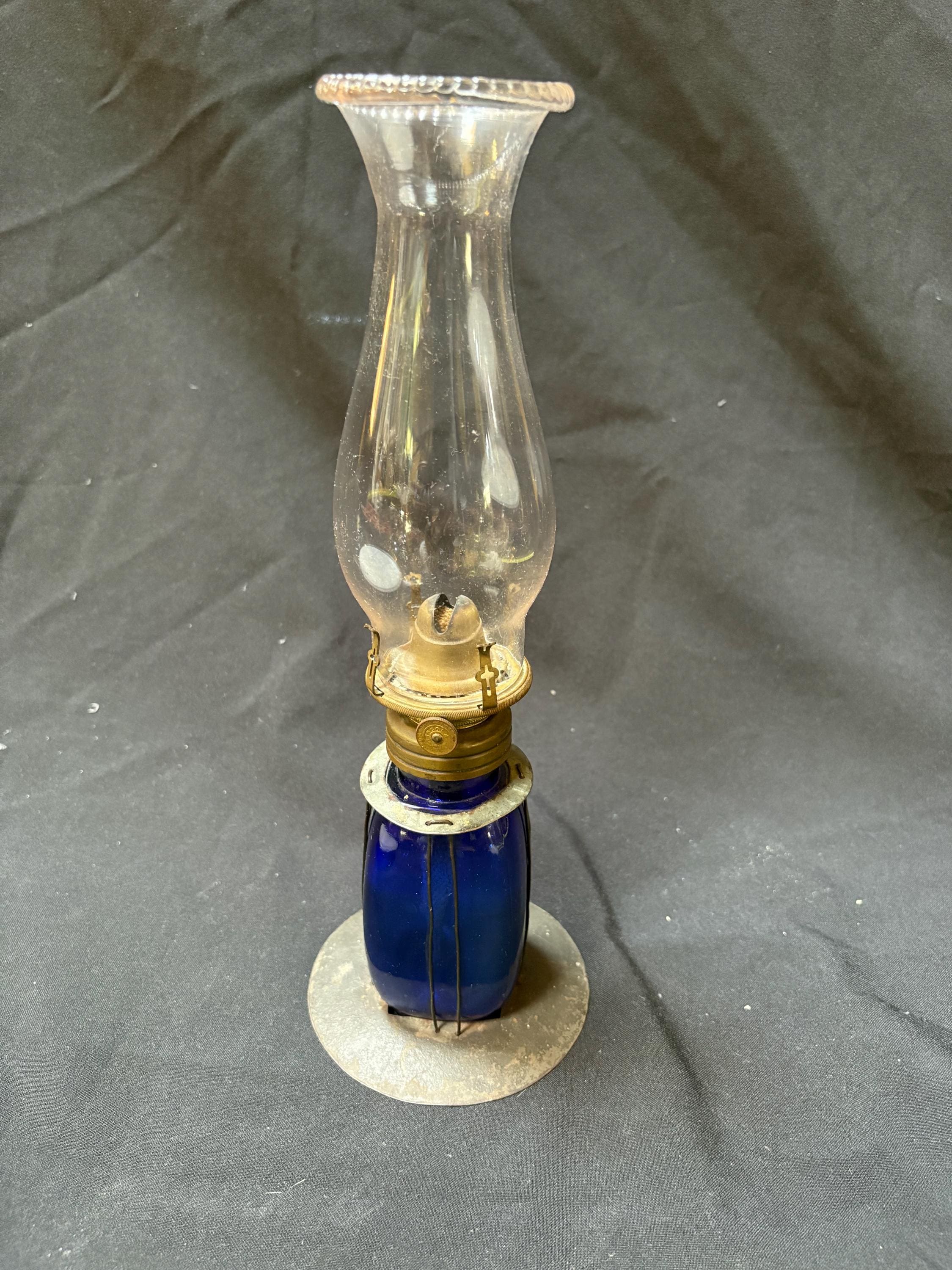 Rare Cobalt Blue Oil Lamp Lincoln Bridgeport Brass Co. Antique Oil