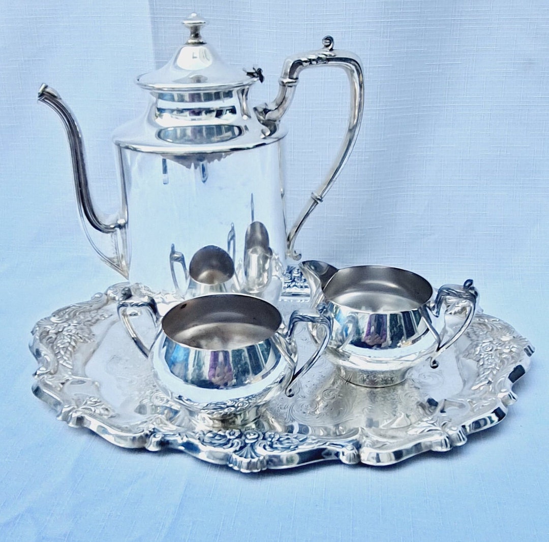 4 Vintage Silver Plate Teapot Set With Tray / Silver Plate Etsy
