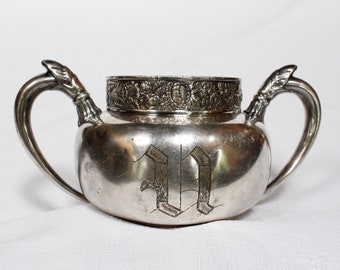Antique Gorham silver-soldered metal sugar bowl with two handles/ vintage sugar bowl/ silver sugar bow/ silver - soldered sugar bowl