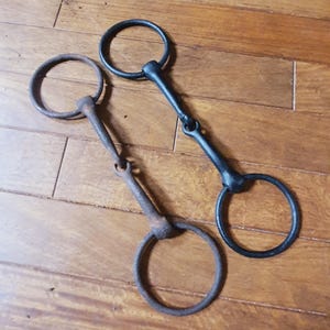 Antique Primitive Cast Iron Horse Bits, Farmhouse Decor (12"x 3.25") Horse Ring Snaffle bits, (2 pieces) Rustic Horse Bridle Bits