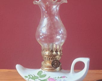 Vintage Oil Lamp Moss Rose Mini Aladdin  Ceramic Porcelain Oil Kerosene Lamp, finger oil lamp, hand oil lamp 6"x 5" miniature lamp