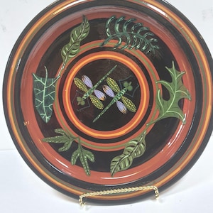 15.5" Large Serving Tray Platter Art Pottery Fern & Dragonfly, Signed Ellen Reznick REZWARE USA, Round Platter