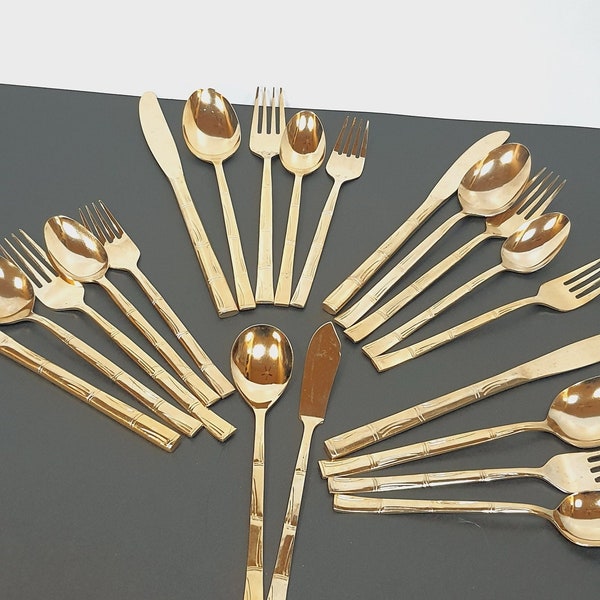 21 Pcs Gold Flatware Set, Golden Bamboo Lifetime Cutlery Stainless Gold Plated, Dinner forks, Dinner Knives, Table Spoons, Teaspoons