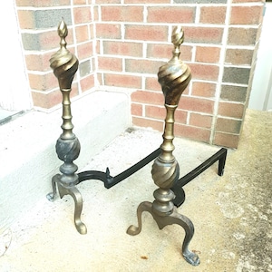 Antique Brass Spiral Twist Andirons Firedogs, Federal Style Fireplace Tools, 20" x 16" Farmhouse Decor