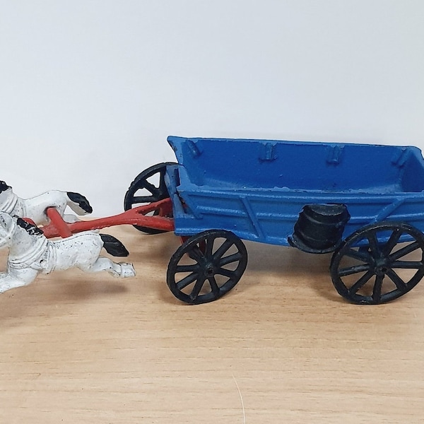 Vintage Cast Iron Horse Drawn Wagon Toy Collector Cast Iron Toy Vintage / Antique Display Farmhouse Country Decor red blue white 10.25" long