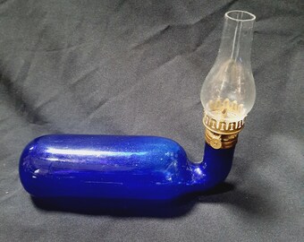 Rare Cobalt Blue Barge Lamp, Antique oil lamp, brass burner P&A Hornet Kerosene oil lamp 9.5" x 8.5" cobalt blue glass font
