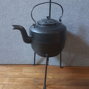 Black Cast iron kettle Antique large black cast iron kettle with handle and stand vintage primitive 19&quot; x 14&quot;x 10&quot;