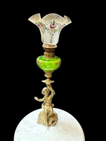 Victorian figural cherub peg lamp, Hugo Schneider (HS) antique Green oil lamp, bronze Kerosene lamp 18" hand painted floral ruffled shade