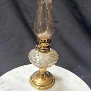 Vintage glass oil lamp, miniature Kerosene lamp pedestal glass oil lamp, wick acorn burner clear glass chimney 9.5&quot; x 3&quot;