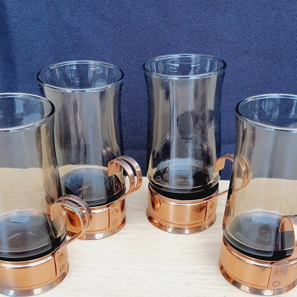 4 Vintage Copper Glass Coffee Mug, Coffee Cup, Glass Tea Cup, Copper Tumbler Mug, Coffee Set, Tea Set, Glass Coffee Cup, Barware Kitchenware